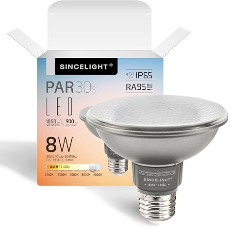 SINCELIGHT PAR30s LED-Glühbirne mit E27 Sockel, mit 38° Optischem Reflektor, 8W, Reiche Farbe RA≈95, Umschaltbar von Warmweiß auf Kaltweiß, 1050 Lumen Äquivalent zu 100W Halogen, Packung mit 1