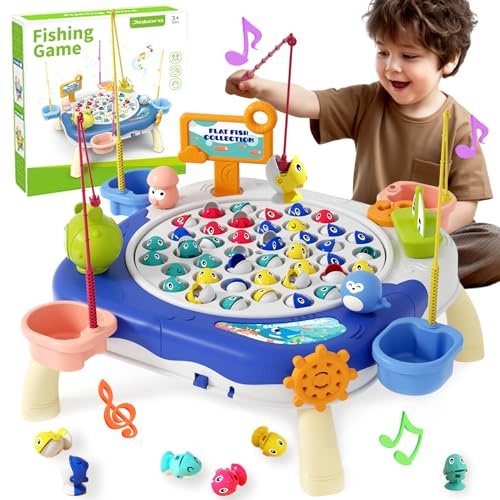Jiakora Large Magnetic Fishing Game for Kids Toddlers Ages 3+, Fishing Game Musical Fish Toy with 10 Fish Rods & 42 Fishes, Board Game for Toddler 3+ Years Old, Christmas Birthday Gifts for Boys Girls