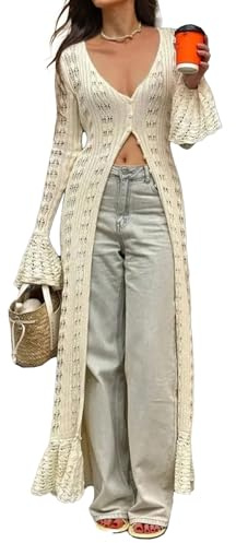NRTHYE Cardigan lungo da donna, lavorato a maglia, con bottoni, scava fuori, elegante spolverino, maglioni, coprire, maxi abito