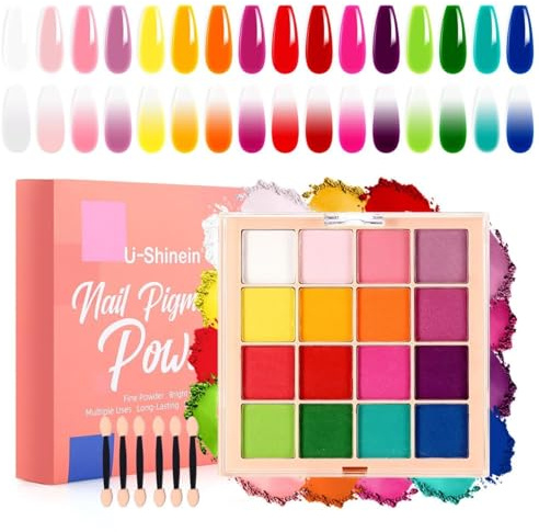 U-Shinein Nail Pigment Powder Palette Set, 16 Colors Ombre Nail Powder Palette French Aura Nails Ombre Nail Brush Nail Long-lasting Manicure Art DIY Accessories #A