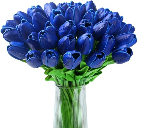XIANNVXI 20 Pcs Artificial Blue Tulips Flowers Silk Tulips Decorative Fake Faux Blue Flowers for Spring Wedding Party Indoor Home Rome Office Decor 14 Inch