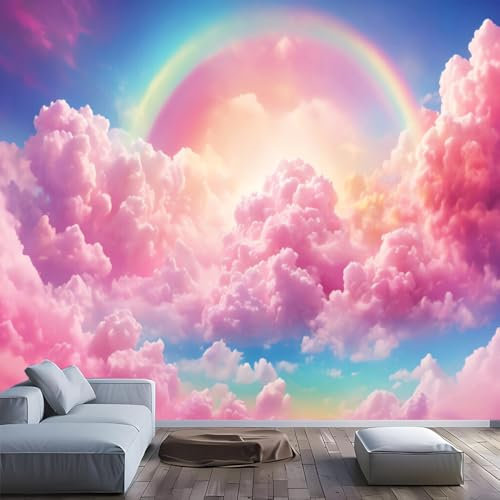 DSKJoviality Carta da parati autoadesiva rimovibile con nuvole rosa sognanti su misura con arcobaleno per soggiorno, camera da letto, sala da pranzo