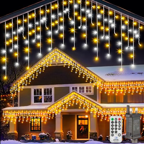 LaiTeny Led Eisregen Lichterkette Außen 10m - Lichtervorhang Aussen Warmweiß Outdoor Weihnachtsbeleuchtung mit Fernbedienung 8 Modi Timer Wasserdicht Lichterketten für Weihnachten Balkon Haus