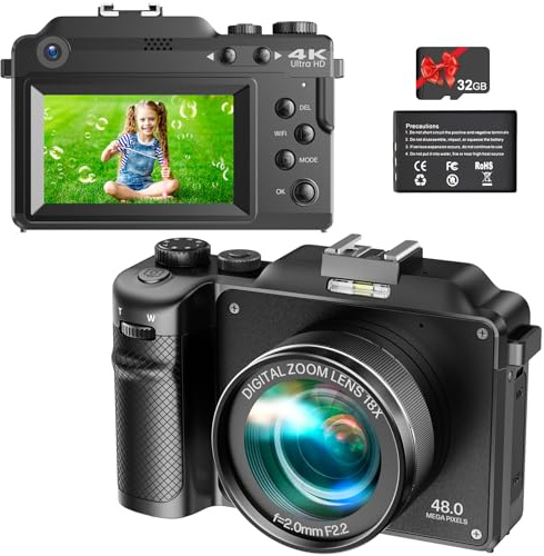 Vmotal Fotocamera digitale 4K, 48MP Photo 4K, videocamera a doppio obiettivo, zoom digitale 18x, fotocamera autofocus con app Wi-Fi e scheda SD, fotocamera per vlogging per principianti di YouTube