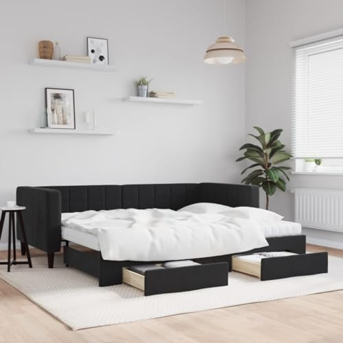 Emmtore Tagesbett Sofabett Schlafsofa für Schlafzimmer Wohnzimmer, Bettsofa Sofa, Modernes Design Ausziehbar mit Schubladen Schwarz 90x200 cm Samt