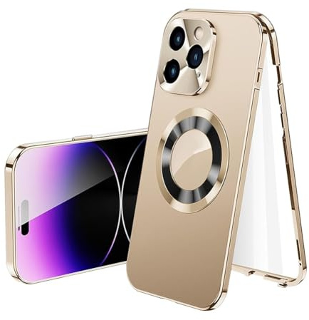 Double-Sided Magnetic Phone Case, Shockproof Metal Phone Case with Electroplated Glass, 360° Anti Peep Adsorption Metal Bumper, For iPhone 16/15/14/13/12 Plus Pro Max(Gold,For iphone 12promax)