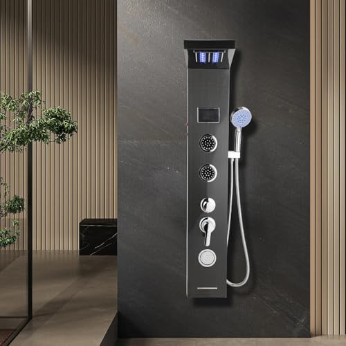 Peviasot Duschpaneel, 5 Funktionen Duschsäule, Duschpaneelsystem Edelstahl mit Armatur, Regenduschen-System mit LED-Temperaturanzeige, Verstellbare Massagedüsen, Schwarz