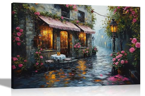 Artley Prints - Villiage Cafe Pink Roses Framed Canvas Pictures Wall Art Prints for Living Room Conservatory Hallway Extra Large 101 x 76cm (40 x 30 inches)