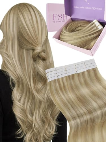 Fshine Extension Echthaar Tape 45cm 50g Goldblond mit Mittelblond | Invisible Tape Extensions, einfache Anwendung, natürliche Haarintegration, für Alltag und besondere Anlässe