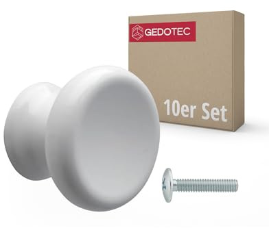 Gedotec Möbelknopf ALOISIA weiß lackiert | 10 Stück Möbelknöpfe Holz Ø 28 mm | runde Schrankknöpfe und Schubladenknöpfe | Möbelgriffe für Kommode Schrank Schublade | inkl. Schrauben
