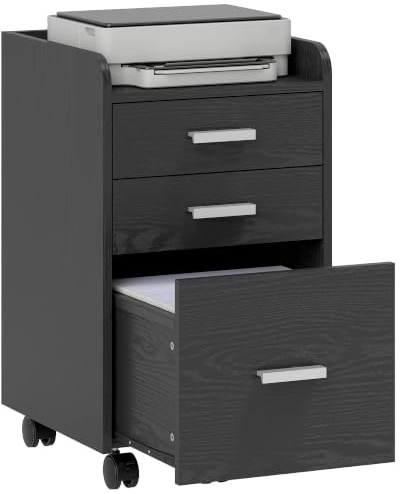 HOMCOM 3 Drawer Filing Cabinet for Letter, A4 Size Black | Rolling Under Desk Drawers, Edged Top, Hanging File Folders, Home Office