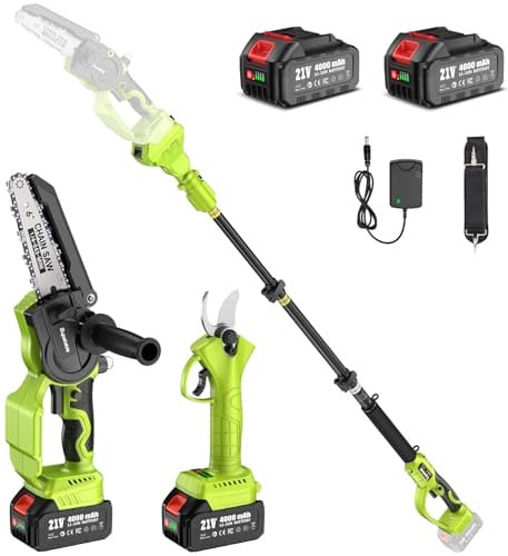 Supstable Motosega a Batteria Telescopica 6 Pollici & 33 mm Forbice Potatura a Batteria, 4 in 1 Kit Motosega e Forbici con 8000 mAh Batterie, Asta Telescopica 4,8 m, Regolazione Catena Senza Attrezzi