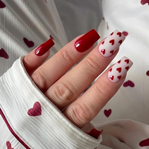 Square Medium Press On Nails - 24pcs False Nails with Red Heart Design - Valentine's Day Elegant Fake Nail with Glue - Acrylic Glossy Full Cover Removable Stick on Nails Nail Art Accessories for Women