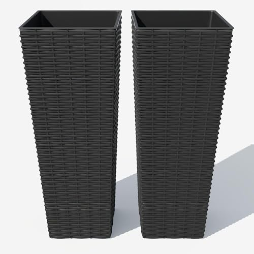 Garvee Lot de 2 Grands Pots de Fleurs rectangulaires Effet rotin - Résine PP Robuste - Trous de Drainage et doublures Amovibles - pour Arbres et Plantes intérieur/externeérieur, terrasse, Jardin,