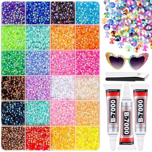 24000Pcs Nail Art Rhinestones, 24 Colors 3mm Flat Back Nail Gems Crystals Nail Rhinestones Bedazzling Kit with Glue, Pick Up Tweezers and Pen for DIY Crafts Clothes Shoes