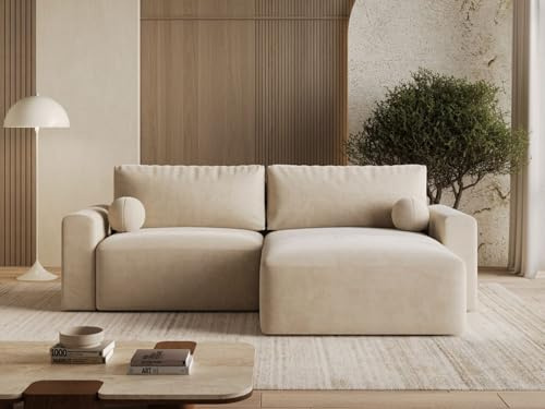 GRAINGOLD Aurora L Ecksofa modern mit Bettfunktion, 259x145 cm, L-Form Sofa, Schlafcouch für Wohnzimmer, Velvet-Stoff, 3-Sitzer Eckcouch, Ecksofa mit Bettkasten (Beige)