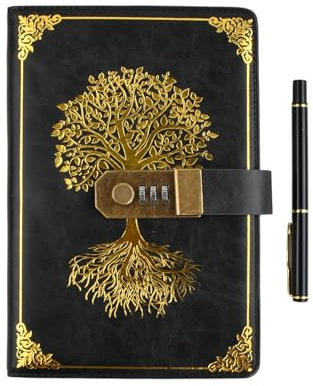 Merzio Diary with Pen and Lock, 21.2 x 14.5 cm (A5) 200 pages Password PU Leather Journal Protected Notebook for Girls and Boys, Retro Style Diary for Adults with Pen, Black