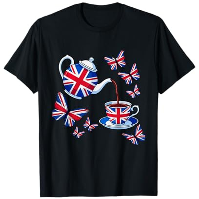 Union Jack British Flag Tea Pot Teacup Butterfly Vintage T-Shirt