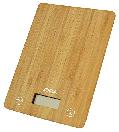 JOCCA - Báscula de Cocina de Bambú/Función Tara y Botón de Unidad/Hasta 5kg/ Fina y resistente/Pantalla LED