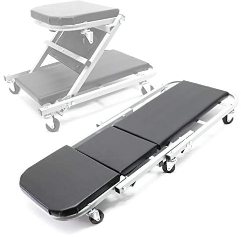 WilTec Chariot de Visite 90 x 41,5 x 12,5cm 150 kg Siège Mécanicien Convertible 2-1 Siège Atelier Chaise Longue Planche Travail Tabouret Coulissant Atelier Garage Auto