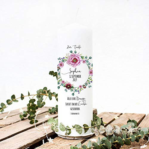 Taufkerze Kerze zur Taufe oder Geburt Kommunionkerze Blumenkranz Rosen Pfingstrosen Spruch Wunschname & Datum wk111 ilka parey wandtattoo-welt®