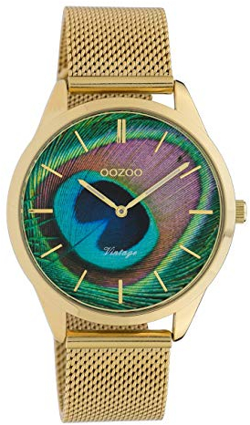 Oozoo Vintage Damenuhr Edelstahl Milanaiseband Pfau Peacock Zifferblatt 43 MM Goldfarben C10251