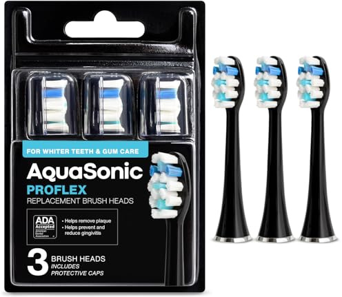 AquaSonic Genuine Proflex Replacement Brush Heads | ADA Accepted | for Whiter Teeth & Gum Care | Compatible with Many AquaSonic Toothbrush Handles (3 Pack Black)