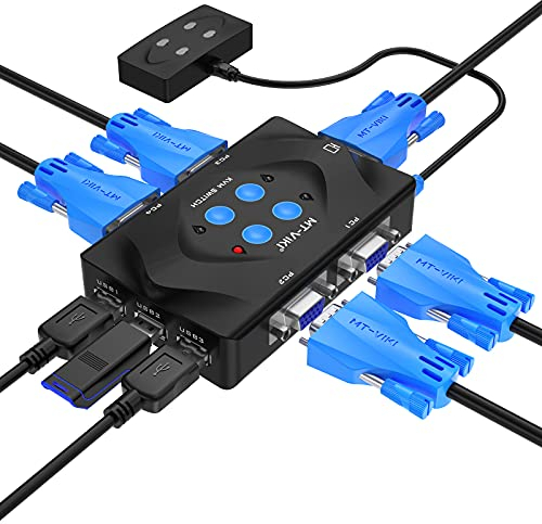 KVM Switch VGA 4 Port, MT-VIKI KVM Switcher VGA Console with 3 USB Hubs + 2in1 Cables+Desktop Selector
