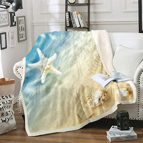 Ozean Strand Decke 150x200cm Muschel Seestern Thema Wohndecke für Kinder Jungen Mädchen Strand Thema Kuscheldecke Natur Meer Flanell Fleecedecke Leicht