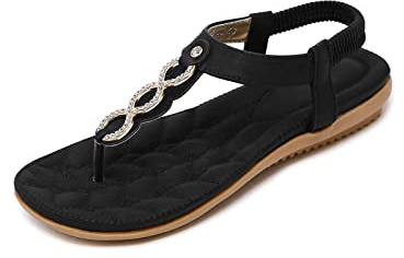 SANMIO Donna Estate Sandali Piatti Strass Bohemia Infradito Elegante Comfort Casual Scarpe Piatte Spiaggia Stile 4 Nero 38EU