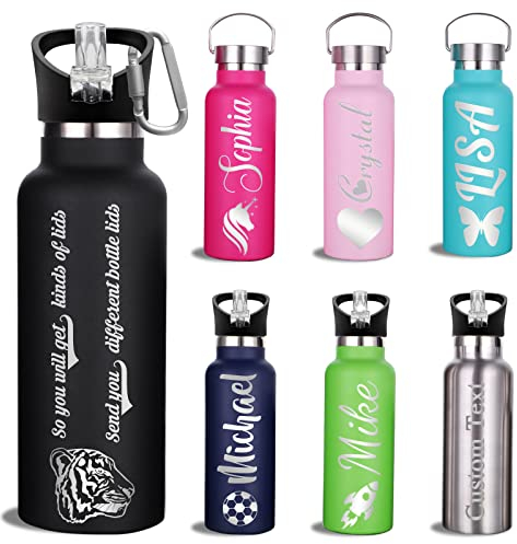 Bouteilles d'eau personnalisées isothermes avec paille - Bouteille de sport gravée avec logo du nom pour enfants, école, extérieur (340,2 g, acier inoxydable, 7 couleurs)