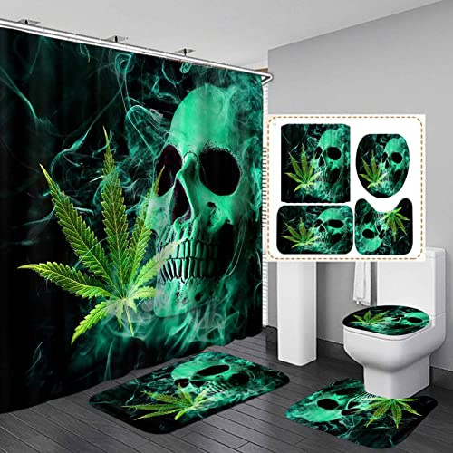 OLEBETY 4 Stück Totenkopf-Duschvorhang-Sets mit Teppichen, grünes Marihuana-Cannabis-Unkrautblatt, Rauch, Gothic, Halloween, Skelett, Badezimmerdekoration, wasserdichter Stoff, Teenager, Jungen