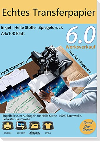 TransOurDream Echte Inkjet Transferfolie,Bügelfolie für helle Textilien,Fuer Hiztepresse,spiegeldrucken,DIN A4X100 Blatt,T-Shirt Papier für helle T-Shirts(D-2-6.0-100)