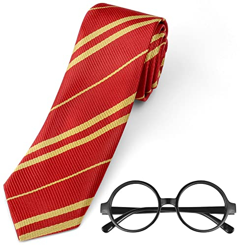 Aomig Zauberer Krawatte Brille Kostüm für Jungen Mädchen, Cosplay Krawatte Runden Brille für Kinder Cosplay Fasching Karneval Halloween Party Kostüme Accessoires Set (Rot + Brille)
