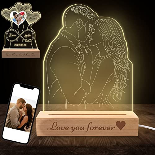 Lampada fotografica personalizzata con illusione di ritratto 3D Luce notturna con placca incisa con immagine personalizzata con base in legno Lampada personalizzata a LED in acrilico con foto regalo