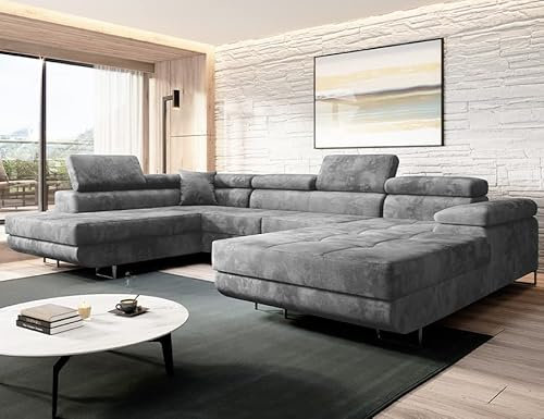 Moderno Ecksofa mit Schlaffunktion und Bettkasten VARBERG - Sofa mit Robusten Überzug - Schlafcouch U-Form - Modern Couch - 72x345x205 cm - Links Grau