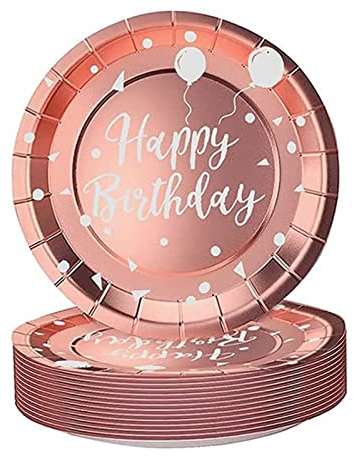 AHPYEUHK Lot de 60 assiettes en carton jetables de 17,8 cm - Or rose - Assiettes « Happy Birthday » - Fournitures de fête pour anniversaires, mariages, fêtes prénatales