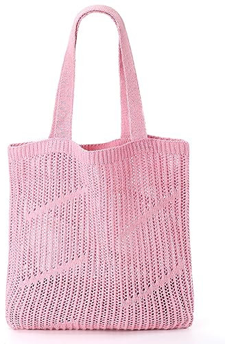 Häkel-Tragetasche, Strand-Netz-Stricktasche, große ästhetische Umhängetasche, Handtaschen, Hobo-Tasche für Damen, Sommer, 4-pink, 4-Strips
