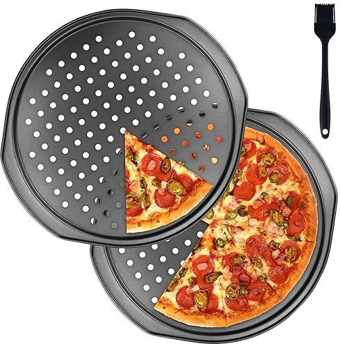 2 bandejas de pizza de 14 pulgadas para horno, antiadherentes con agujeros, sartenes de pizza de acero al carbono, sartén redonda para pizza con asa, apto para refrigerador y congelador