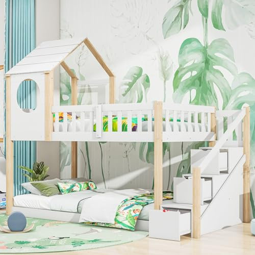 LTGB 3FT Treehouse Bunk Bed, Wood House Bunk Bed 90 * 190 cm, Cabin Bed Frame with Ladder and Drawers, Ideal for Children Boys Girls Teens (White + Natural)
