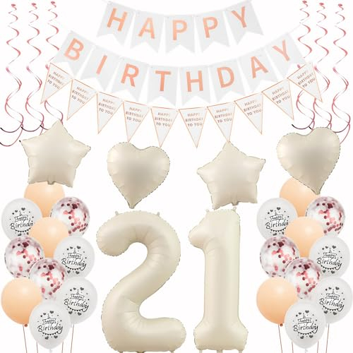 Deko 21. Geburtstag Frauen Beige Roségold Luftballons 21 Geburtstag Dekoration Frau，21 Gertstag Deko，Geburtstagsdeko 21 jahre Frauen,Happy 21th Birthday Girlande 21 Party