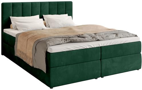 BROMARKT Boxspringbett mit Bettkasten Polsterbett mit Bonell-Matratze und Topper Doppelbett mit Stauraum Bett für Schlafzimmer gepolstertes Kopfteil Denver 160x200 Härtegrad H3 Samtstoff Grün