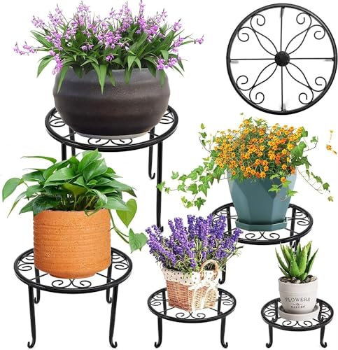 KLUFO Jardinera de Metal de 5 Piezas, Jardinera Resistente para Plantas de Interior y Exterior, Jardinera Redonda de Hierro Inoxidable (Negra)