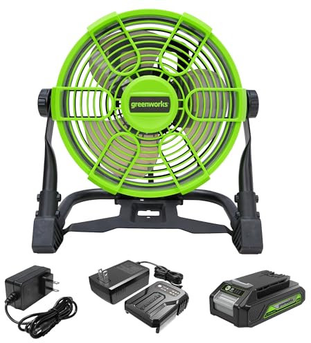 Greenworks Ventilador inalámbrico de 24 V y 10 pulgadas, ventilador de aire híbrido (AC/DC), 5 niveles, 500 CFM, con batería de 2,0 Ah, cargador y adaptador de CA