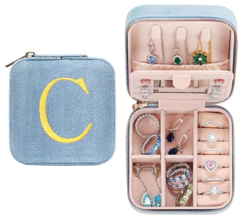 TINGN Initiale Schmuckschatulle Damen mit C und Blume Reise Schmuckkästchen Kleine Personalisierte Schmuckkästchen für Damen Mädchen Geschenk für Geburtstage Weihnachten Muttertag Hochzeit