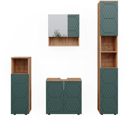 Vicco Badmöbel-Set Irma, Grün/Goldkraft Eiche 80 cm | besteht aus Waschbeckenunterschrank, Spiegelschrank, Hochschrank und Midischrank