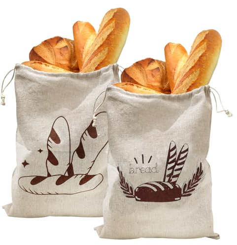 Linen Bread Bags for Homemade Bread, 2PCS Reusable Bread Storage Bags Large Linen Bag for Food Storage Keep Fresh (A)