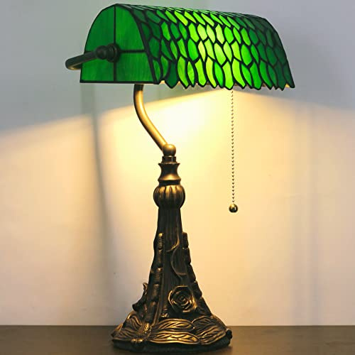 Tiffany Banker Lamp Small Stained Glass Table Lamp Green Wisteria Leaf