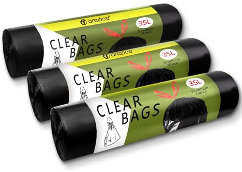 Aitodos Sacs Poubelles, lot de 30, 35 L, L x H : 57 x 65 cm, Noirs, en Polyéthylène, Compatibles Avec la Plupart des Poubelles de Taille Moyenne (3 Rouleaux, 10 par Rouleau)