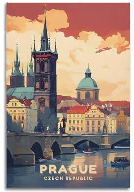 FYRNQ Vintage-Reiseposter, Prag, Tschechische Republik, Poster, Wandkunstdruck, Retro, ästhetische Raumdekoration, Gemälde, Leinwand, Heim- und Bürodekoration, 30 x 45 cm, ungerahmter Stil